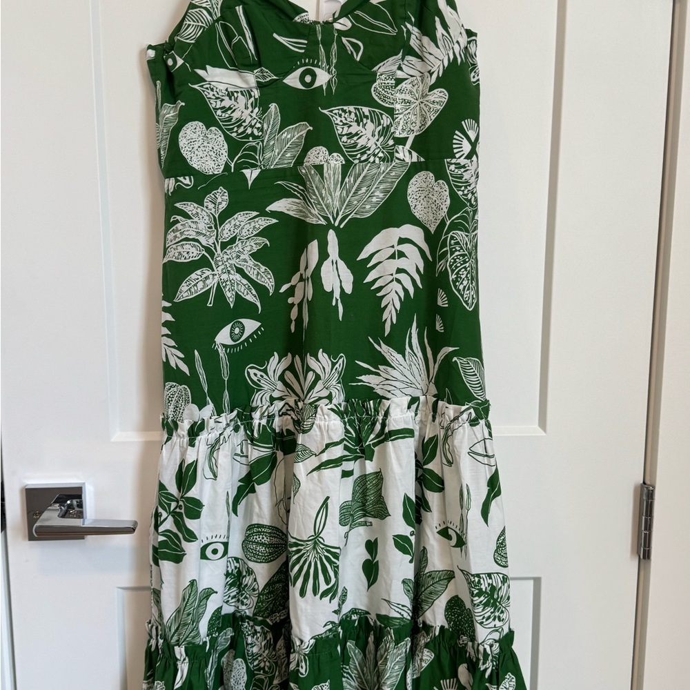 FARM Rio Green and White Botanical Dress